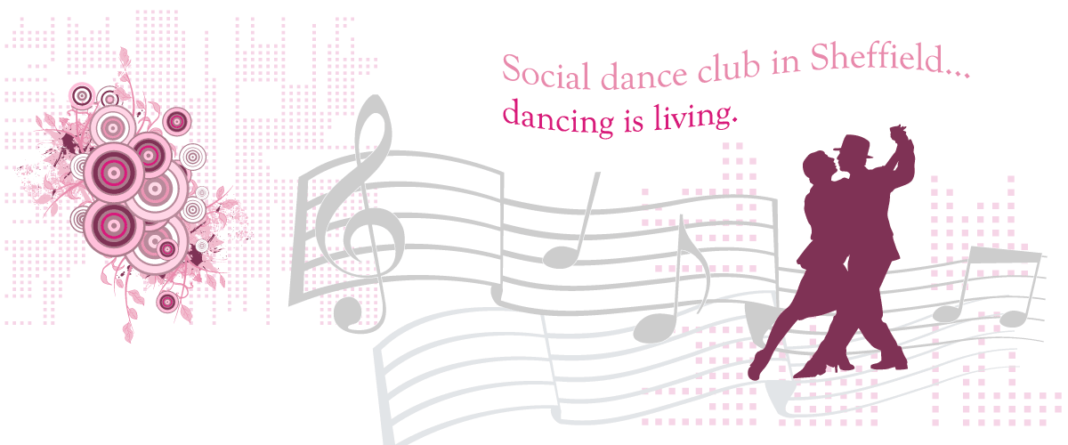 Millhouses and Ecclesall Dance Club header image showing people dancing, bars of music and a floral pattern.